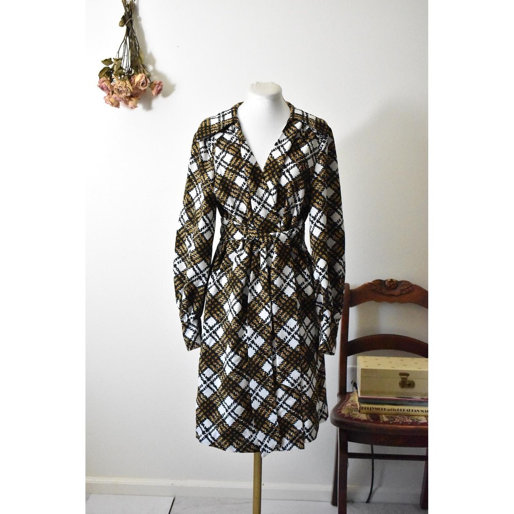 Vintage 70s Mustard Yellow Plaid Wrap Dress V-Neck Long Sleeve Retro Geometric M - Picture 2 of 8